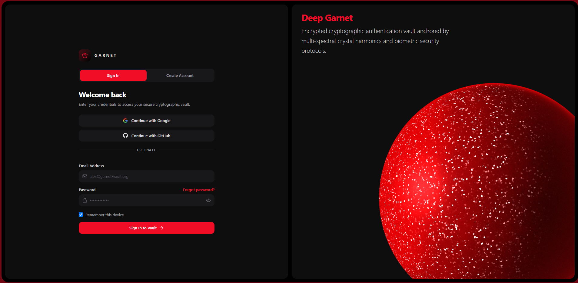 Deep Garnet Auth Vault – login page UI design
